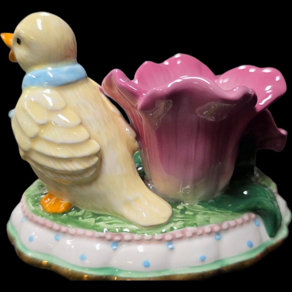 Vintage Porcelain Duck Figurine Candle Holder with Blue Bow and Gold Trim - Picture 7 of 7